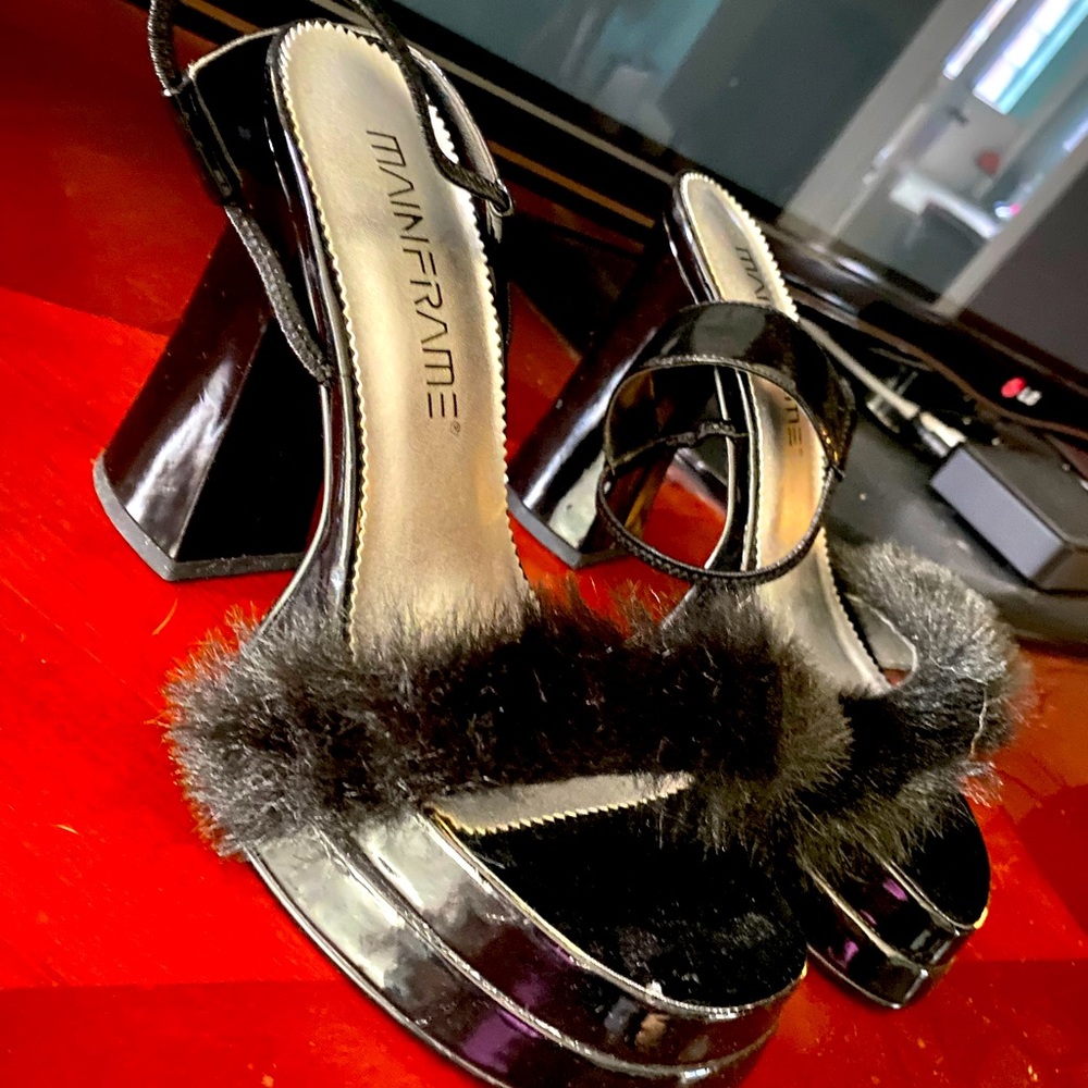 Vintage Mainframe Black Fur Platform Slingback Heels